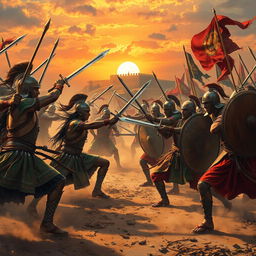 A dramatic scene depicting a fierce battle between a group of warriors in traditional Indian attire, showcasing intricate patterns and vibrant colors, clashing against another group dressed in a contrasting style from a different culture