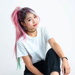 A beautiful Korean woman posing elegantly and attractively, wearing a t-shirt, with long hair styled in a vibrant mix of pink and green