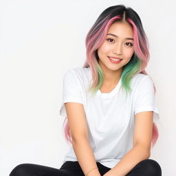 A beautiful Korean woman posing elegantly and attractively, wearing a t-shirt, with long hair styled in a vibrant mix of pink and green