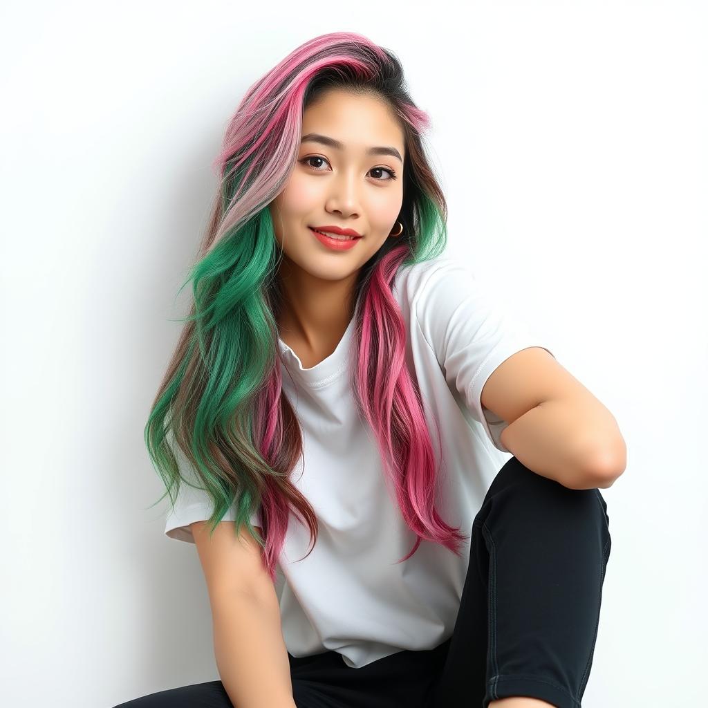 A beautiful Korean woman posing elegantly and attractively, wearing a t-shirt, with long hair styled in a vibrant mix of pink and green