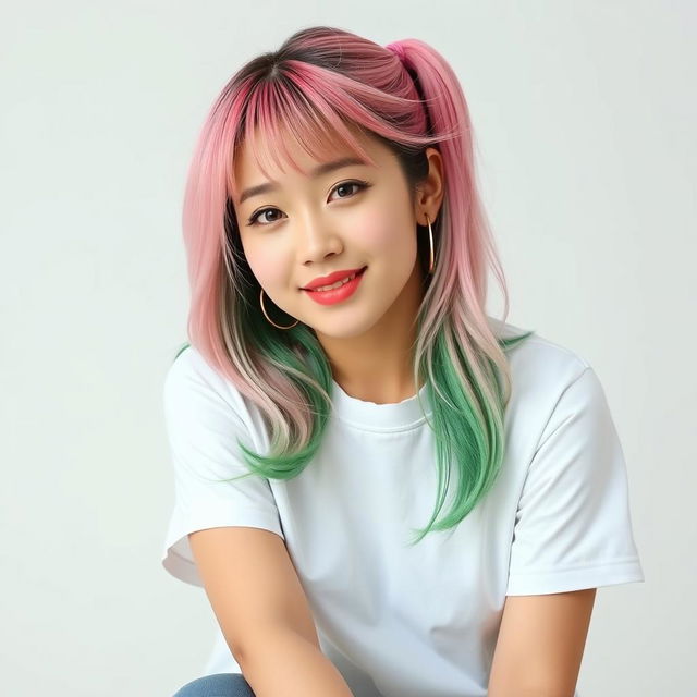 A beautiful Korean woman posing elegantly and attractively, wearing a t-shirt, with long hair styled in a vibrant mix of pink and green