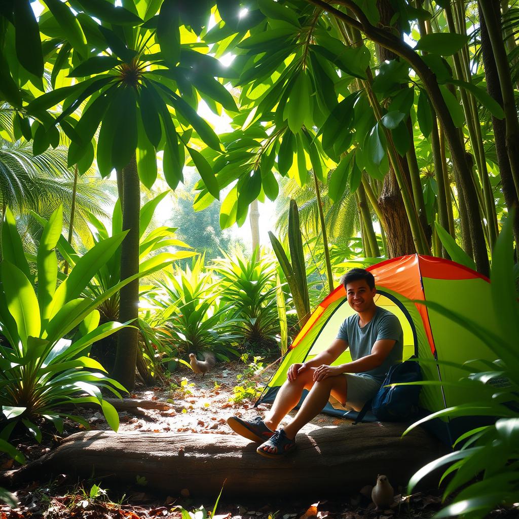 A serene jungle scene featuring a person camping under lush green foliage, with a colorful camping tent set up nearby