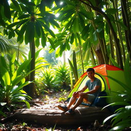 A serene jungle scene featuring a person camping under lush green foliage, with a colorful camping tent set up nearby
