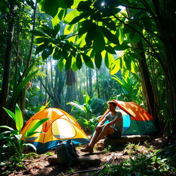 A serene jungle scene featuring a person camping under lush green foliage, with a colorful camping tent set up nearby