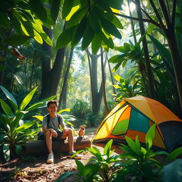 A serene jungle scene featuring a person camping under lush green foliage, with a colorful camping tent set up nearby