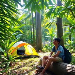 A serene jungle scene featuring a person camping under lush green foliage, with a colorful camping tent set up nearby