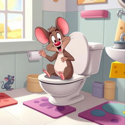 A cartoon scene featuring Fievel Mousekewitz, the small anthropomorphic mouse from the film An American Tail, in a humorous setting in a cartoon bathroom