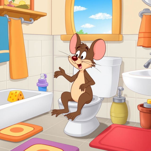 A cartoon scene featuring Fievel Mousekewitz, the small anthropomorphic mouse from the film An American Tail, in a humorous setting in a cartoon bathroom