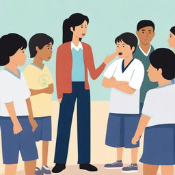 A high-resolution vector art, depicting the struggles of an Asian female physical education teacher when teaching or coaching dangerous illegal immigrants from diverse backgrounds who only speak a language different from the others in the class