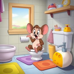 A cartoon scene featuring Fievel Mousekewitz, the small anthropomorphic mouse from the film An American Tail, in a humorous setting in a cartoon bathroom