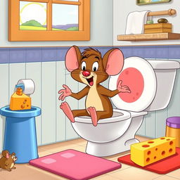 A cartoon scene featuring Fievel Mousekewitz, the small anthropomorphic mouse from the film An American Tail, in a humorous setting in a cartoon bathroom
