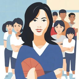 A high-resolution vector art, depicting the struggles of an Asian female physical education teacher when teaching or coaching dangerous illegal immigrants from diverse backgrounds who only speak a language different from the others in the class