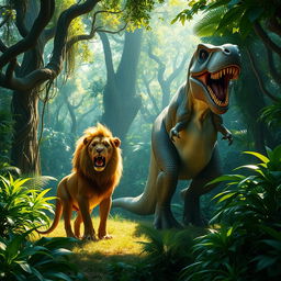 A dense jungle setting featuring towering ancient trees, thick winding vines, and vibrant lush greenery