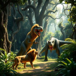 A dense jungle setting featuring towering ancient trees, thick winding vines, and vibrant lush greenery