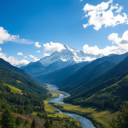 A breathtaking mountain range soaring majestically under a bright blue sky, adorned with soft white clouds drifting like cotton