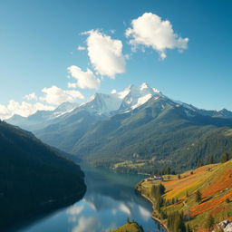 A breathtaking mountain range soaring majestically under a bright blue sky, adorned with soft white clouds drifting like cotton
