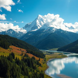 A breathtaking mountain range soaring majestically under a bright blue sky, adorned with soft white clouds drifting like cotton
