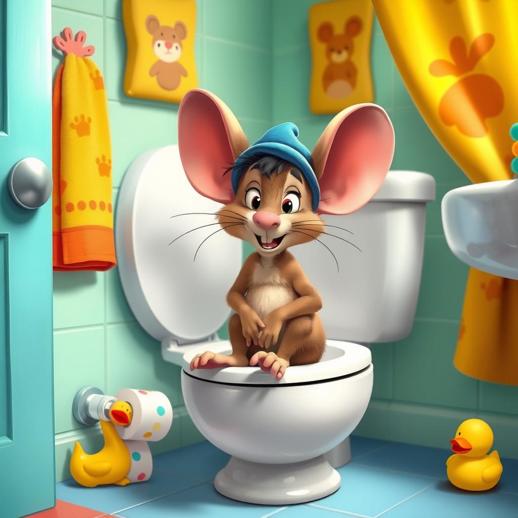 A whimsical and humorous scene depicting Fievel Mousekewitz, an anthropomorphic mouse with large ears and a blue cap, sitting on a cartoonish toilet