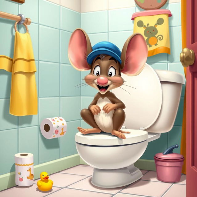 A whimsical and humorous scene depicting Fievel Mousekewitz, an anthropomorphic mouse with large ears and a blue cap, sitting on a cartoonish toilet