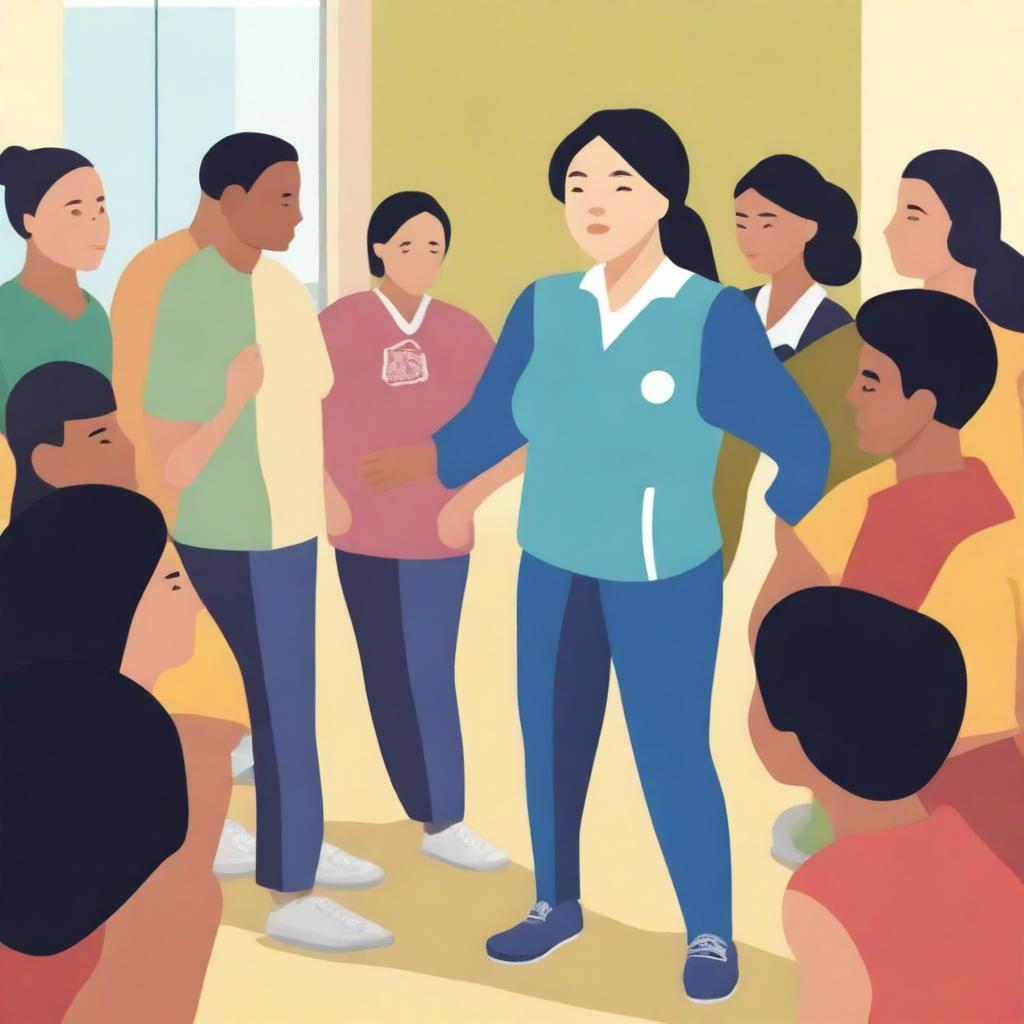 A high-resolution vector art, illustrating the struggles of an Asian female physical education teacher when teaching or coaching dangerous illegal immigrants from diverse ethnic backgrounds who cannot understand the English language