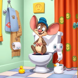 A whimsical and humorous scene depicting Fievel Mousekewitz, an anthropomorphic mouse with large ears and a blue cap, sitting on a cartoonish toilet