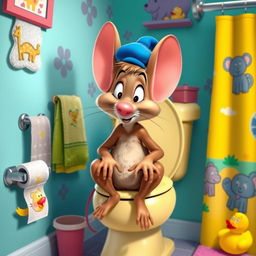 A whimsical and humorous scene depicting Fievel Mousekewitz, an anthropomorphic mouse with large ears and a blue cap, sitting on a cartoonish toilet