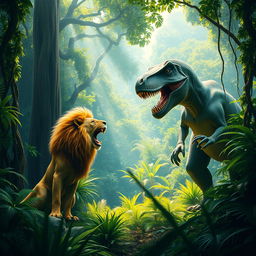 A dense jungle setting featuring towering ancient trees, thick vines, and vibrant, lush greenery