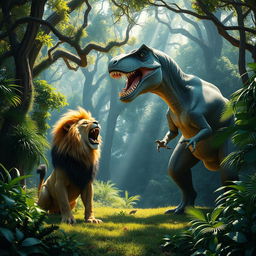 A dense jungle setting featuring towering ancient trees, thick vines, and vibrant, lush greenery