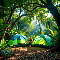 A serene camping scene in a lush, vibrant jungle, featuring one person sitting beside a blue and green camping tent