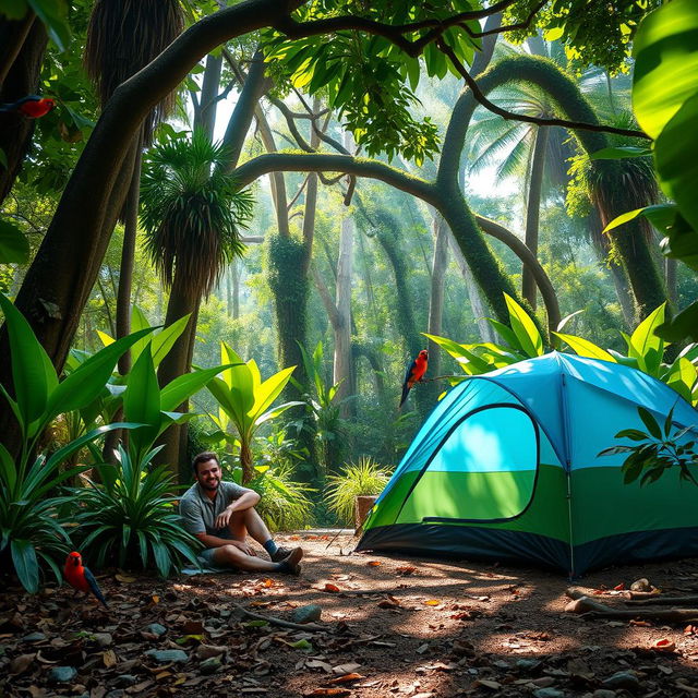 A serene camping scene in a lush, vibrant jungle, featuring one person sitting beside a blue and green camping tent