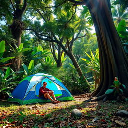 A serene camping scene in a lush, vibrant jungle, featuring one person sitting beside a blue and green camping tent