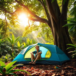 A serene camping scene in a lush, vibrant jungle, featuring one person sitting beside a blue and green camping tent