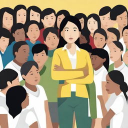 A high-resolution vector art, illustrating the struggles of an Asian female physical education teacher when teaching or coaching dangerous illegal immigrants from diverse ethnic backgrounds who cannot understand the English language