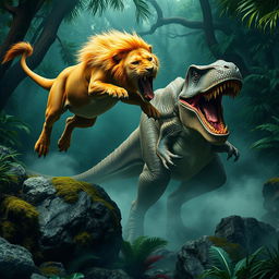 A vivid jungle battle scene showcasing a golden-maned lion leaping mid-air toward a large, scaly T-Rex-like dinosaur
