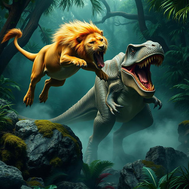 A vivid jungle battle scene showcasing a golden-maned lion leaping mid-air toward a large, scaly T-Rex-like dinosaur