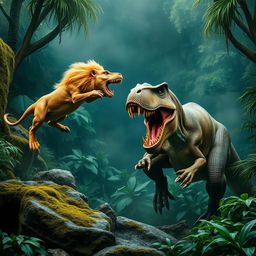 A vivid jungle battle scene showcasing a golden-maned lion leaping mid-air toward a large, scaly T-Rex-like dinosaur