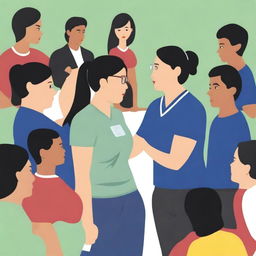 A high-resolution vector art, illustrating the struggles of an Asian female physical education teacher when teaching or coaching dangerous illegal immigrants from diverse ethnic backgrounds who cannot understand the English language