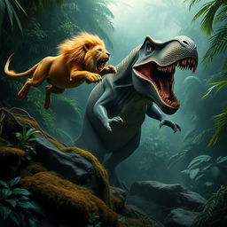 A vivid jungle battle scene showcasing a golden-maned lion leaping mid-air toward a large, scaly T-Rex-like dinosaur