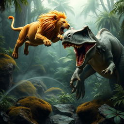 A vivid jungle battle scene showcasing a golden-maned lion leaping mid-air toward a large, scaly T-Rex-like dinosaur