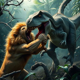 A tense jungle battle scene depicting a lion fiercely slashing the side of a roaring T-Rex-like dinosaur with its sharp claws, blood streaking across the dinosaur's scaly body