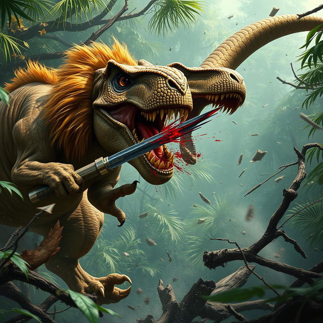 A tense jungle battle scene depicting a lion fiercely slashing the side of a roaring T-Rex-like dinosaur with its sharp claws, blood streaking across the dinosaur's scaly body