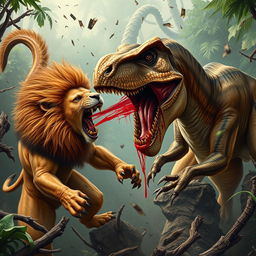 A tense jungle battle scene depicting a lion fiercely slashing the side of a roaring T-Rex-like dinosaur with its sharp claws, blood streaking across the dinosaur's scaly body