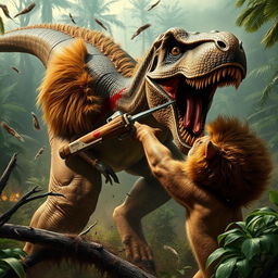 A tense jungle battle scene depicting a lion fiercely slashing the side of a roaring T-Rex-like dinosaur with its sharp claws, blood streaking across the dinosaur's scaly body