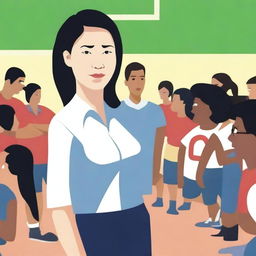 A high-resolution vector art, illustrating the struggles of an Asian female physical education teacher when teaching or coaching dangerous illegal immigrants from diverse ethnic backgrounds who cannot understand the English language