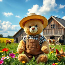 A cute teddy bear dressed as a traditional German farmer, complete with a checkered shirt, suspenders, and a straw hat