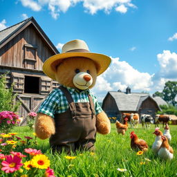 A cute teddy bear dressed as a traditional German farmer, complete with a checkered shirt, suspenders, and a straw hat