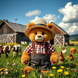 A cute teddy bear dressed as a traditional German farmer, complete with a checkered shirt, suspenders, and a straw hat