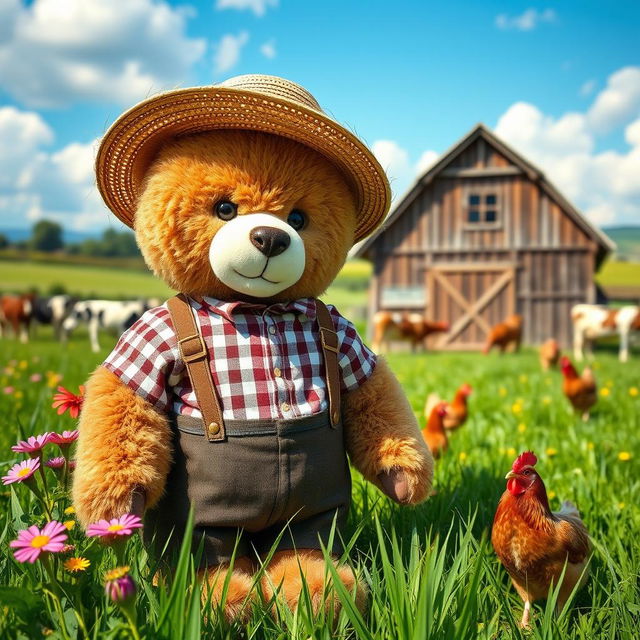 A cute teddy bear dressed as a traditional German farmer, complete with a checkered shirt, suspenders, and a straw hat