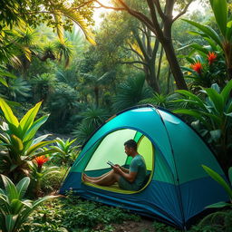 A serene scene depicting a single person camping in a lush green jungle