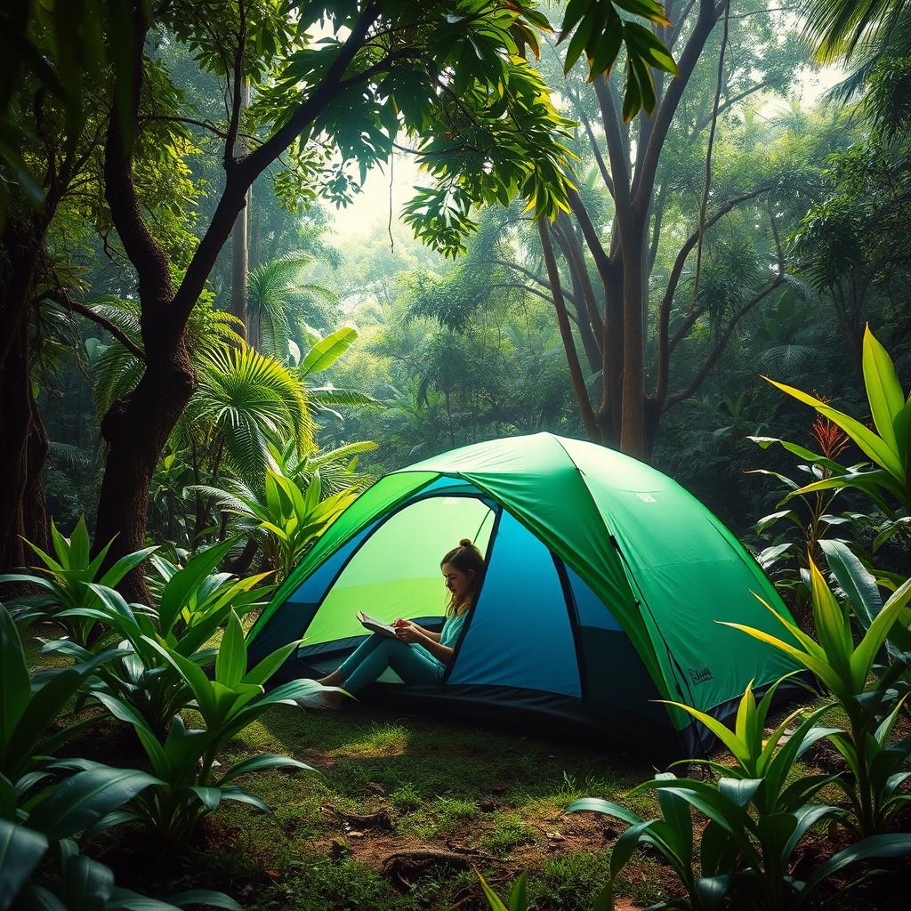 A serene scene depicting a single person camping in a lush green jungle